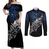 Maori Matariki Couples Matching Off Shoulder Maxi Dress and Long Sleeve Button Shirt Landscape Styled Fern - Galaxy