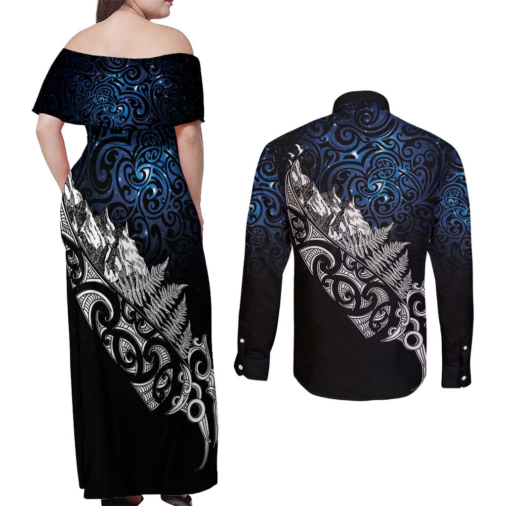 Maori Matariki Couples Matching Off Shoulder Maxi Dress and Long Sleeve Button Shirt Landscape Styled Fern - Galaxy