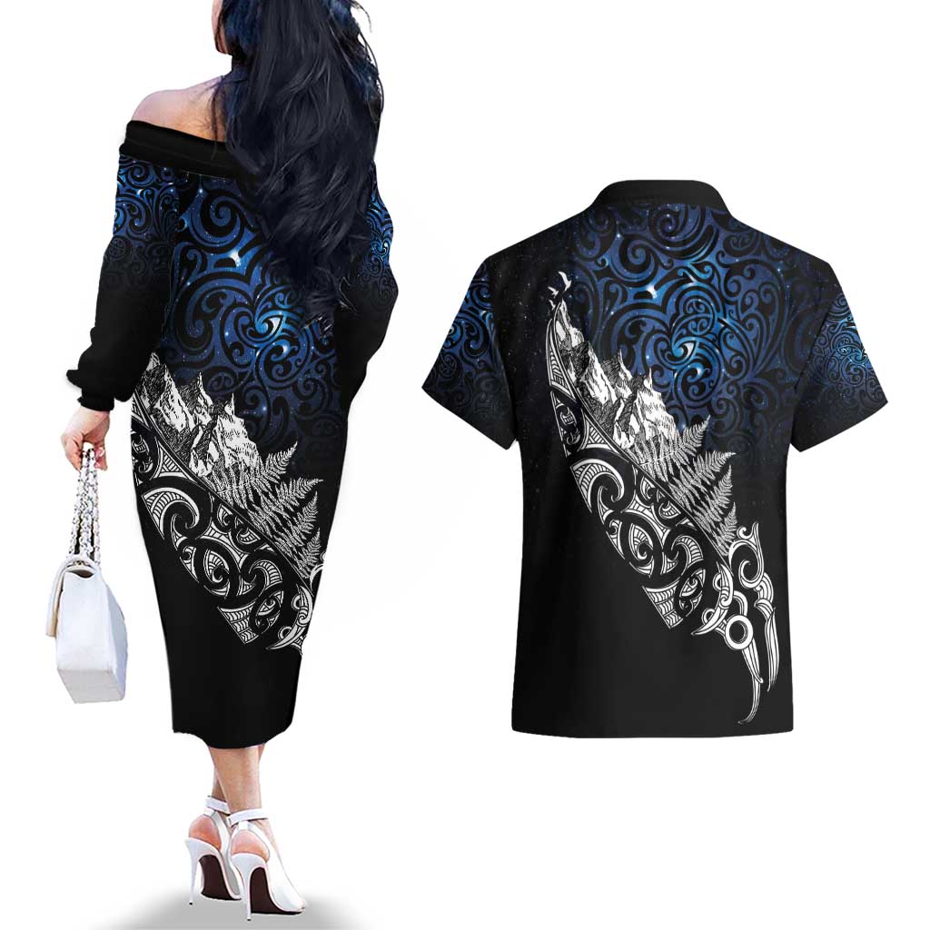 Maori Matariki Couples Matching Off The Shoulder Long Sleeve Dress and Hawaiian Shirt Landscape Styled Fern - Galaxy
