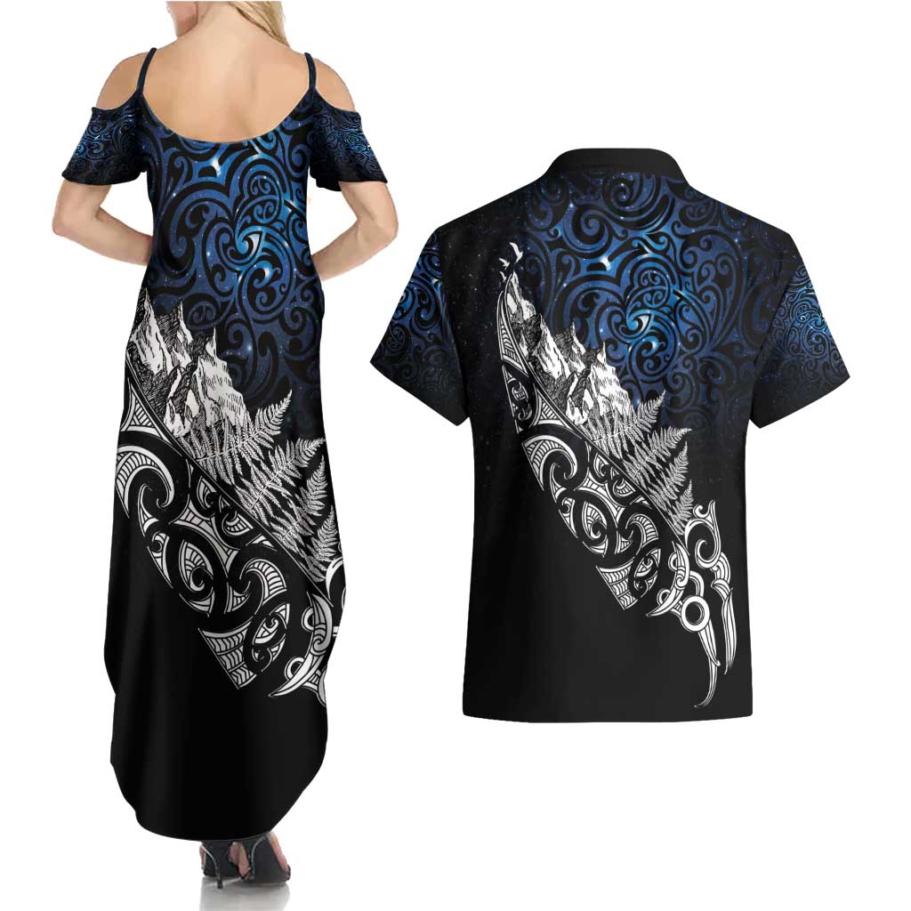Maori Matariki Couples Matching Summer Maxi Dress and Hawaiian Shirt Landscape Styled Fern - Galaxy