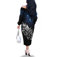 Maori Matariki Family Matching Off The Shoulder Long Sleeve Dress and Hawaiian Shirt Landscape Styled Fern - Galaxy