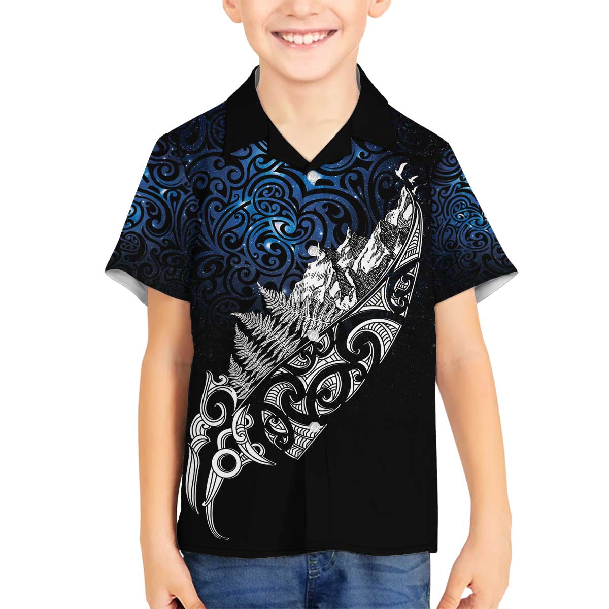 Maori Matariki Family Matching Off The Shoulder Long Sleeve Dress and Hawaiian Shirt Landscape Styled Fern - Galaxy