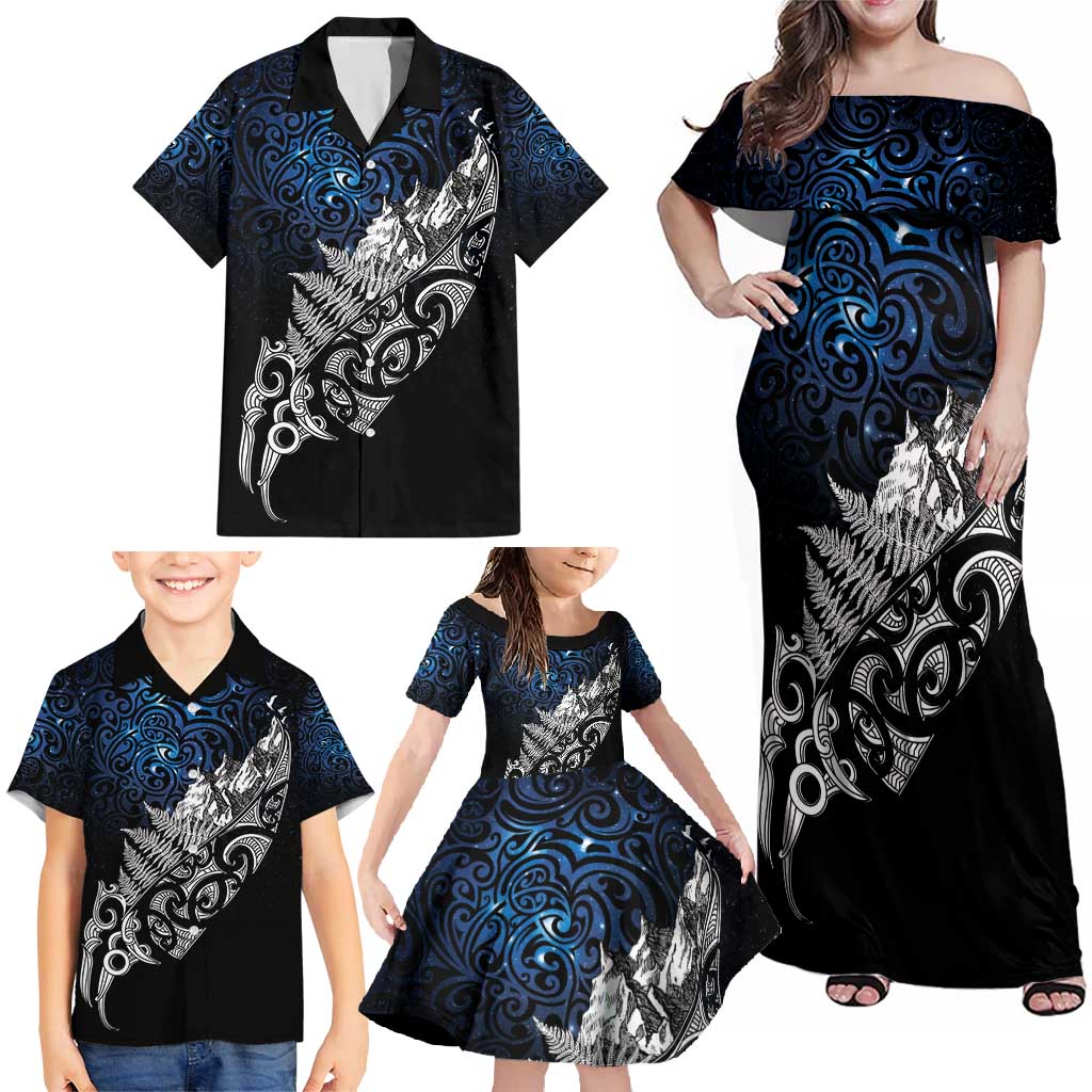 Maori Matariki Family Matching Off Shoulder Maxi Dress and Hawaiian Shirt Landscape Styled Fern - Galaxy