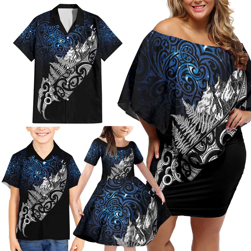 Maori Matariki Family Matching Off Shoulder Short Dress and Hawaiian Shirt Landscape Styled Fern - Galaxy
