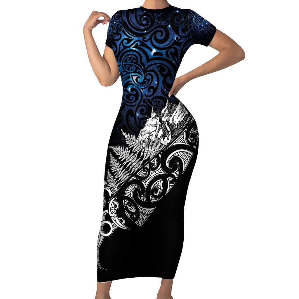Maori Matariki Family Matching Short Sleeve Bodycon Dress and Hawaiian Shirt Landscape Styled Fern - Galaxy