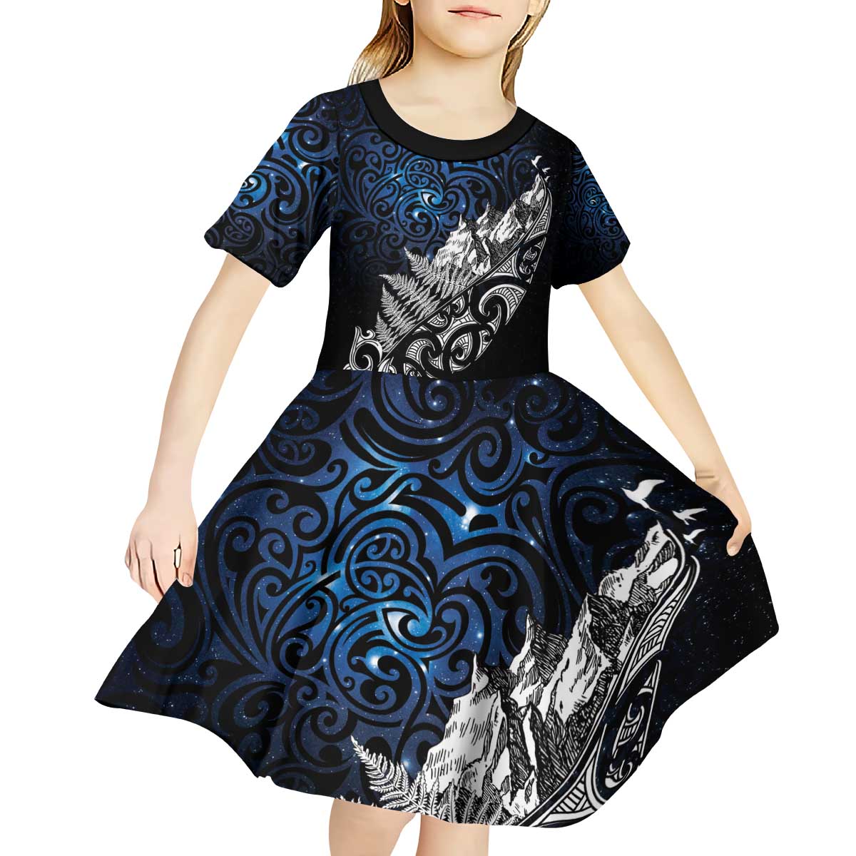 Maori Matariki Kid Short Sleeve Dress Landscape Styled Fern - Galaxy