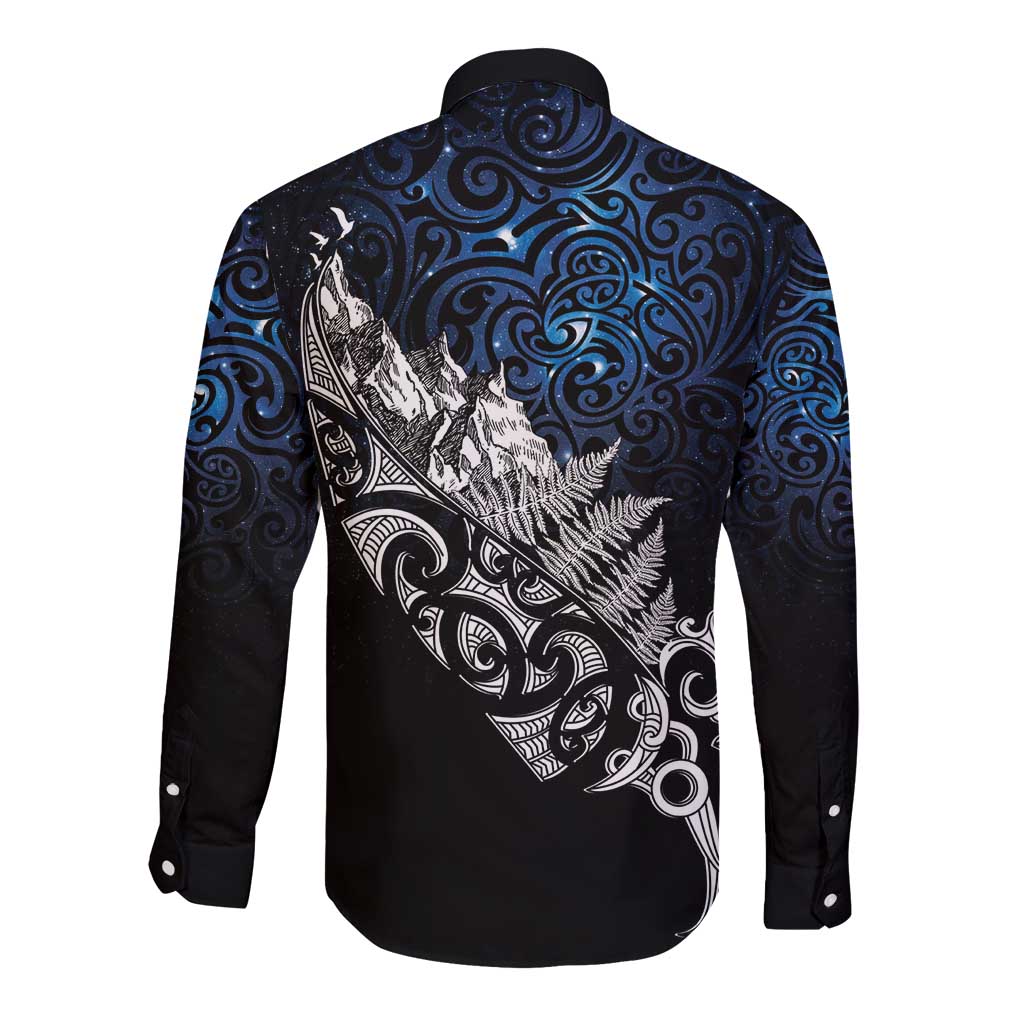 Maori Matariki Long Sleeve Button Shirt Landscape Styled Fern - Galaxy