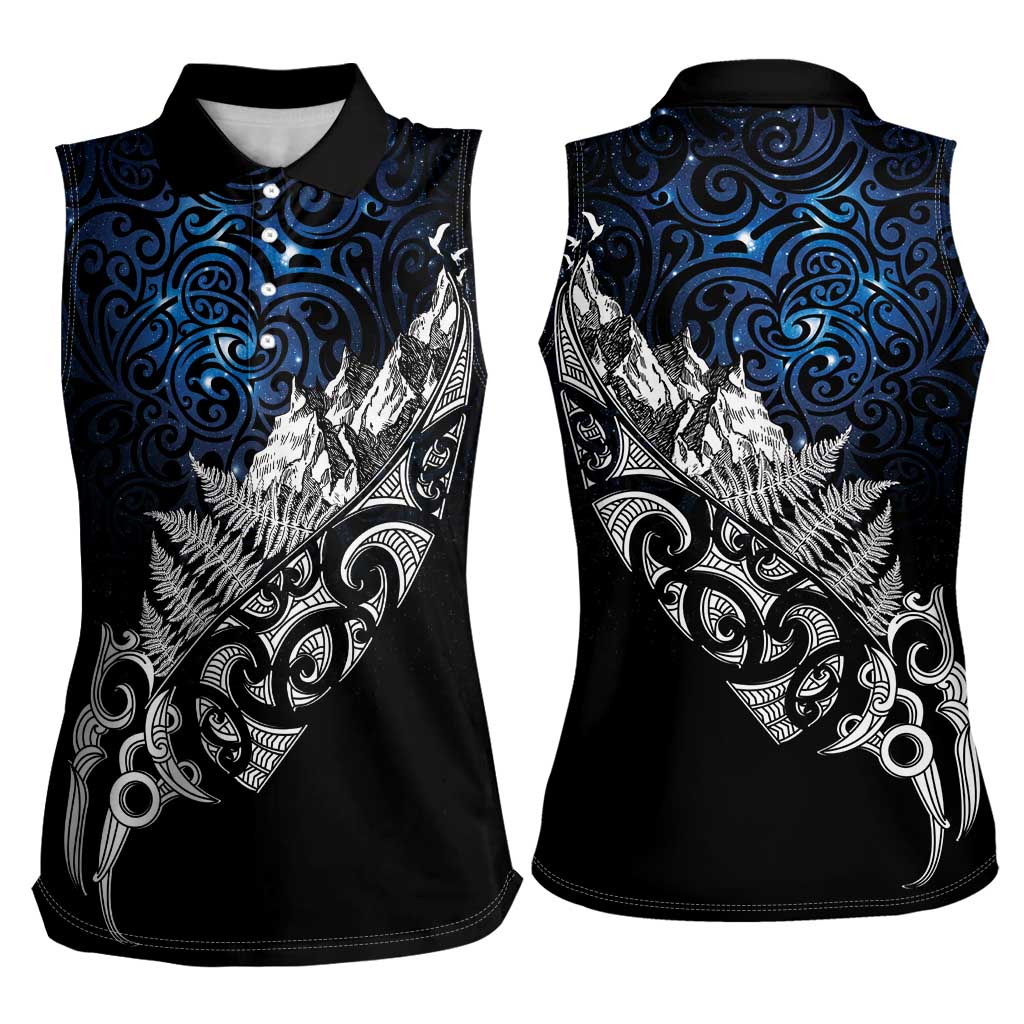 Maori Matariki Women Sleeveless Polo Shirt Landscape Styled Fern - Galaxy