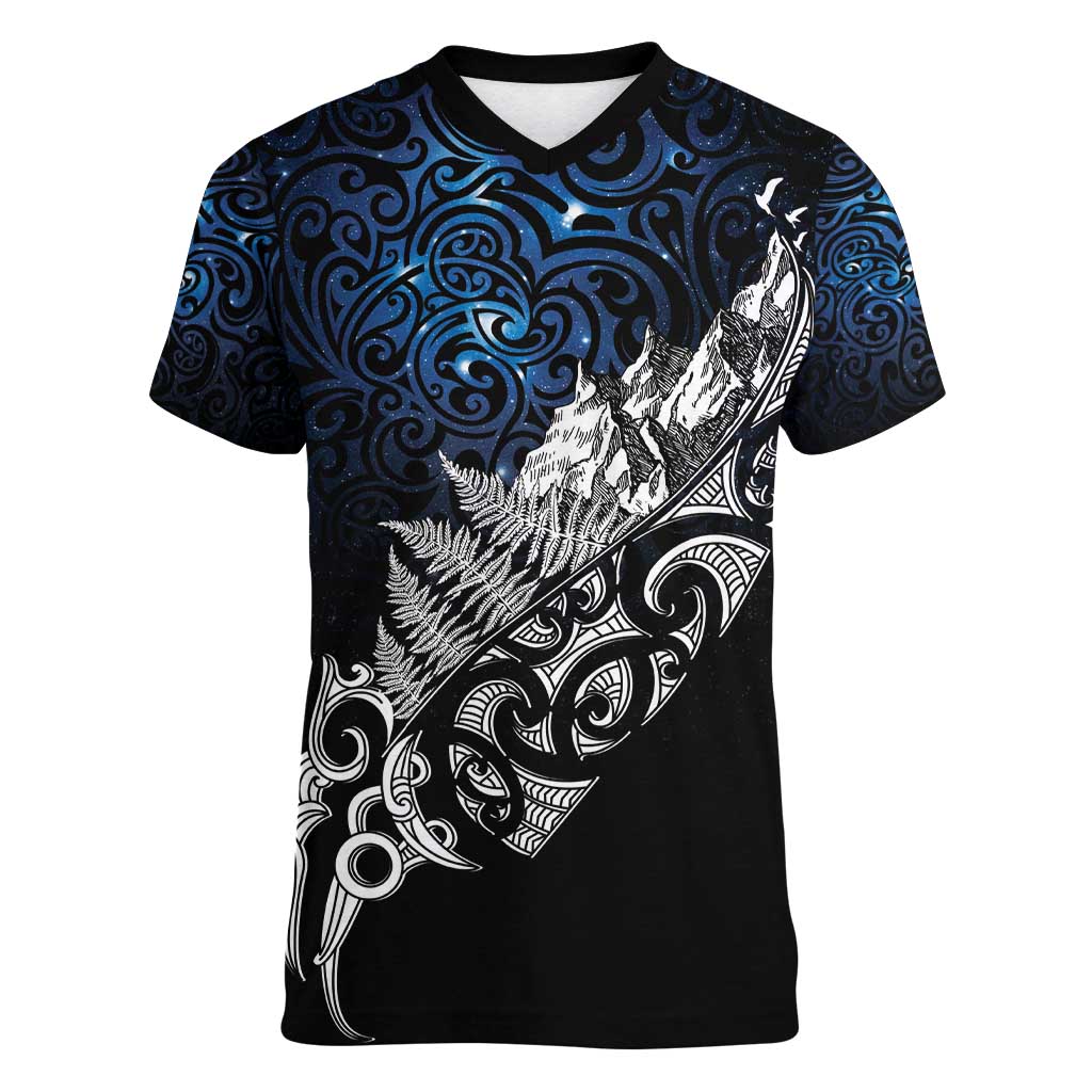 Maori Matariki Women V-Neck T-Shirt Landscape Styled Fern - Galaxy