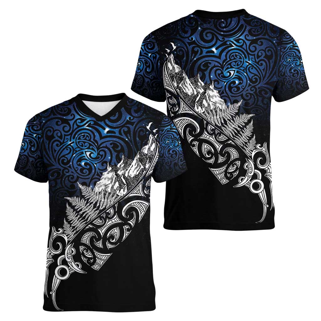 Maori Matariki Women V-Neck T-Shirt Landscape Styled Fern - Galaxy