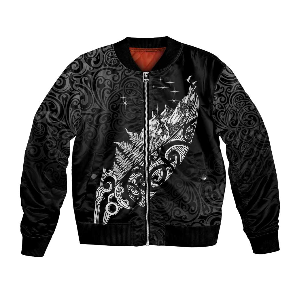 Maori Matariki Bomber Jacket Landscape Styled Fern - Monochrome