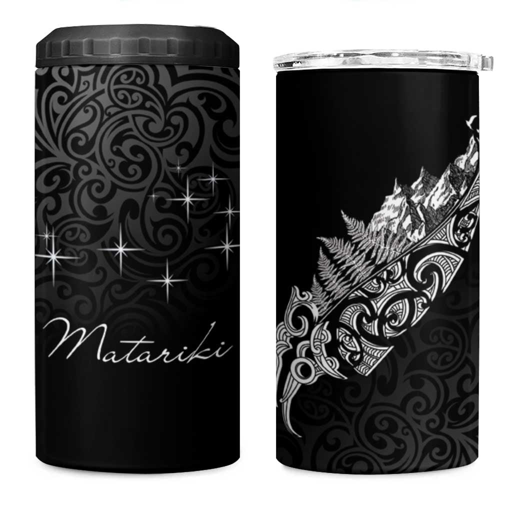 Maori Matariki 4 in 1 Can Cooler Tumbler Landscape Styled Fern - Monochrome LT7 One Size: 16 oz Black - Polynesian Pride