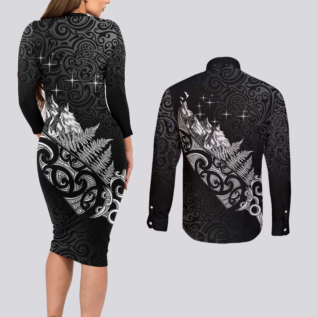 Maori Matariki Couples Matching Long Sleeve Bodycon Dress and Long Sleeve Button Shirt Landscape Styled Fern - Monochrome