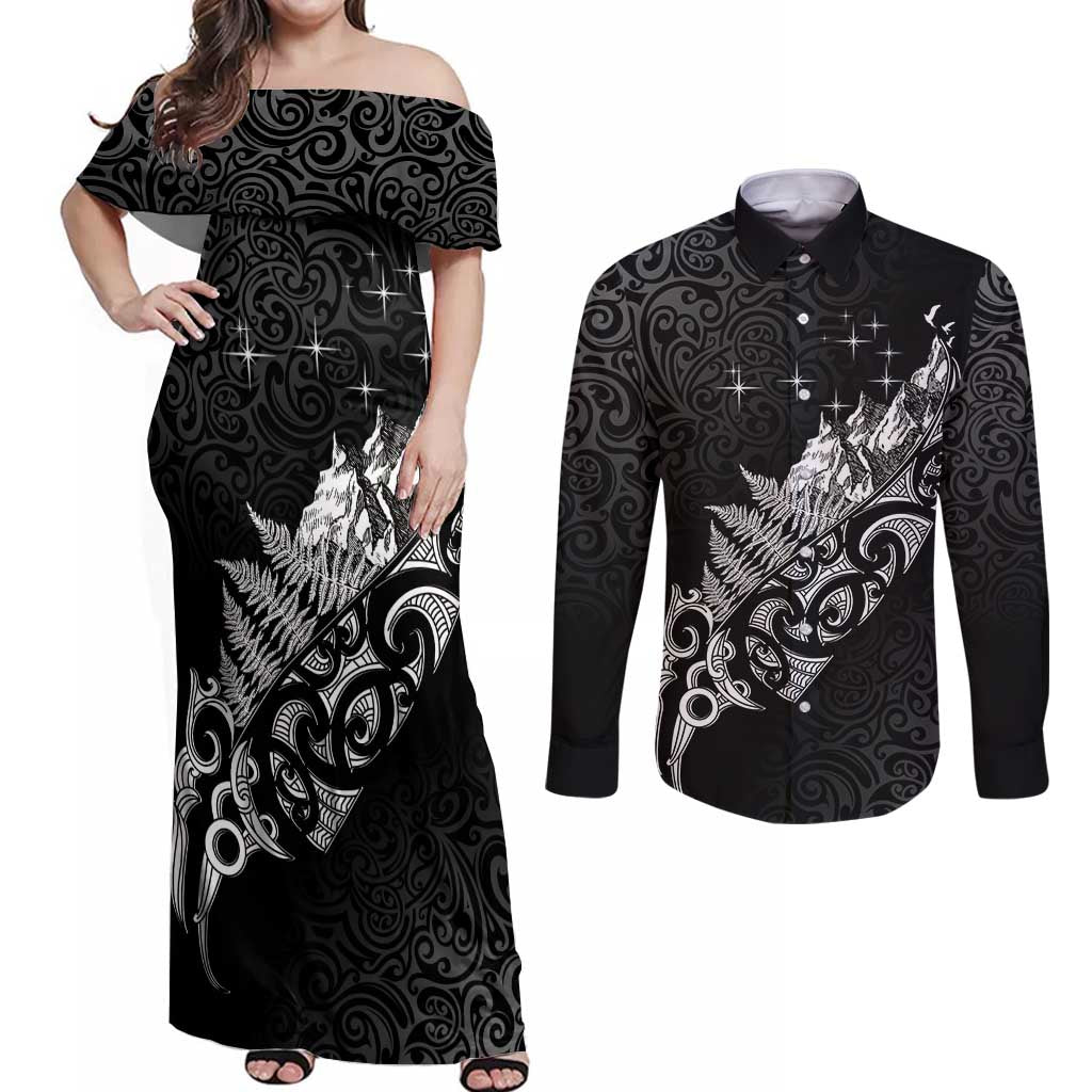 Maori Matariki Couples Matching Off Shoulder Maxi Dress and Long Sleeve Button Shirt Landscape Styled Fern - Monochrome