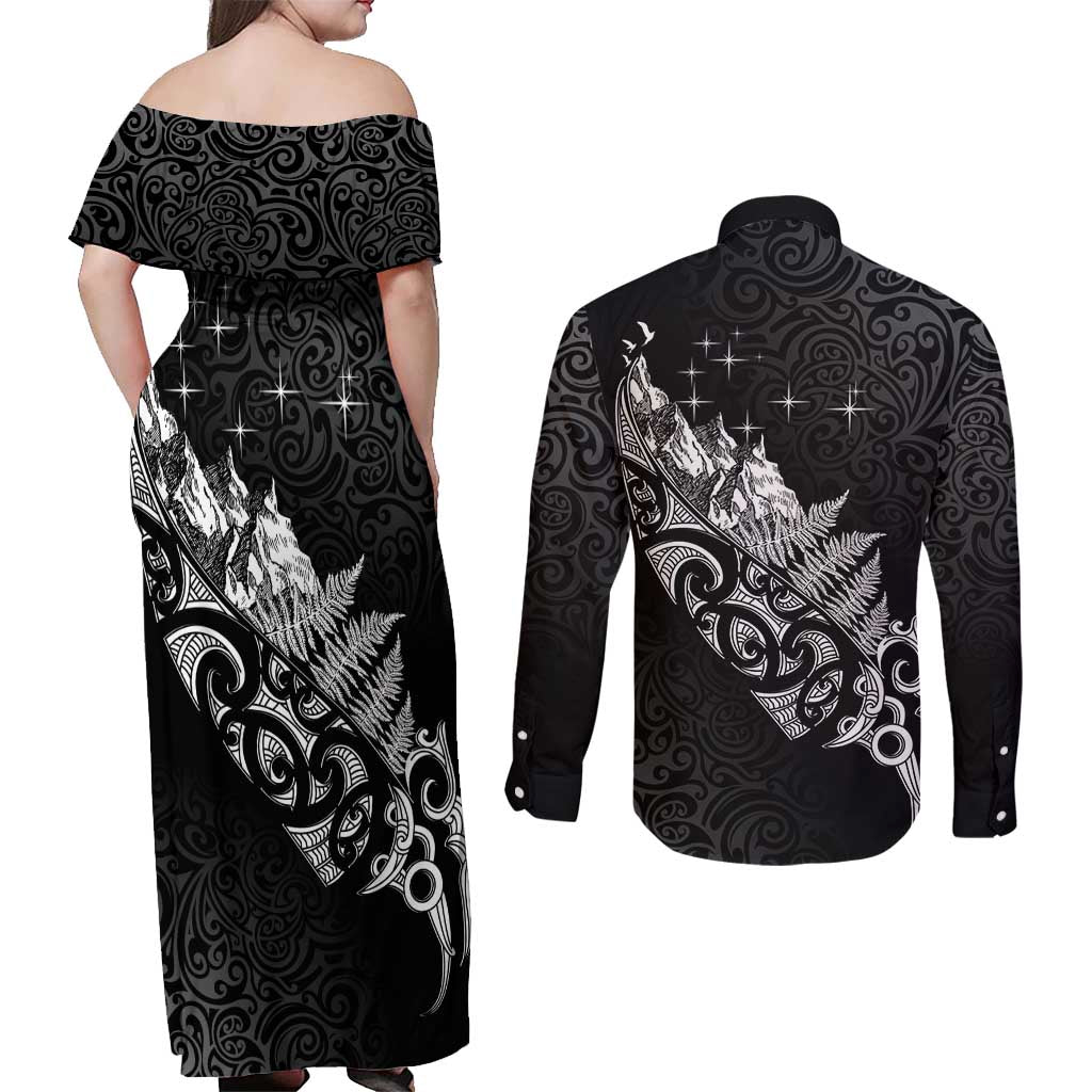Maori Matariki Couples Matching Off Shoulder Maxi Dress and Long Sleeve Button Shirt Landscape Styled Fern - Monochrome