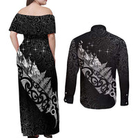 Maori Matariki Couples Matching Off Shoulder Maxi Dress and Long Sleeve Button Shirt Landscape Styled Fern - Monochrome