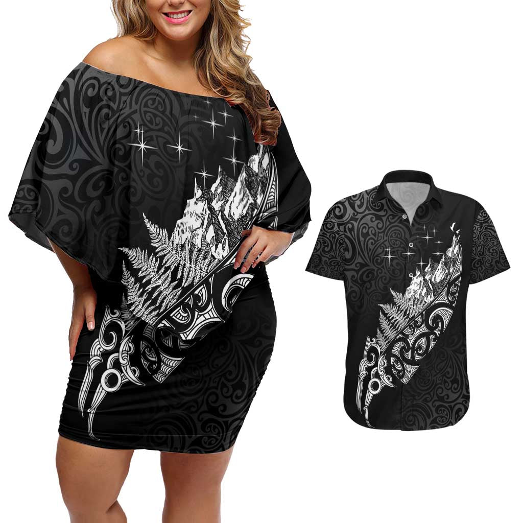 Maori Matariki Couples Matching Off Shoulder Short Dress and Hawaiian Shirt Landscape Styled Fern - Monochrome