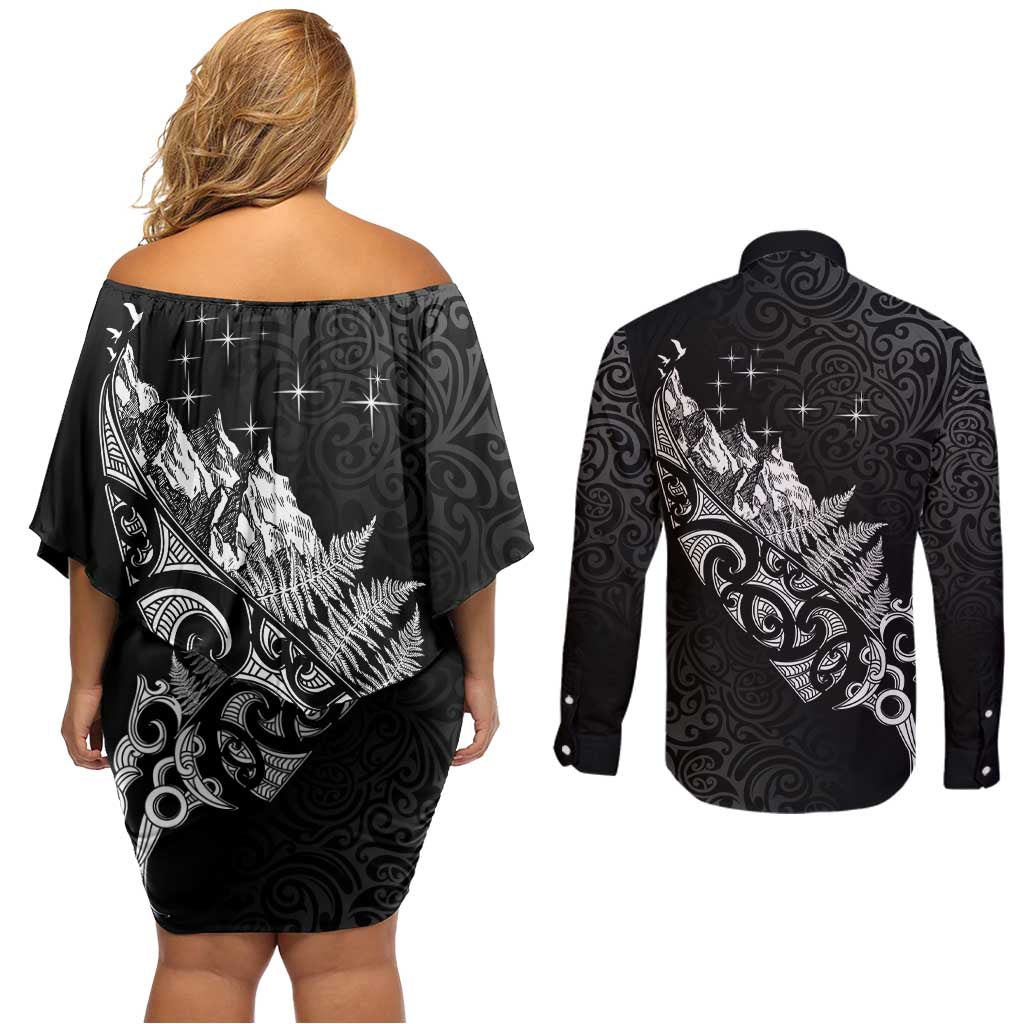 Maori Matariki Couples Matching Off Shoulder Short Dress and Long Sleeve Button Shirt Landscape Styled Fern - Monochrome