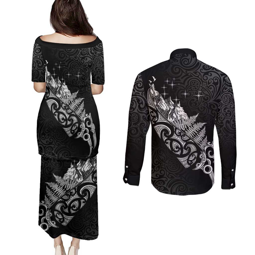 Maori Matariki Couples Matching Puletasi and Long Sleeve Button Shirt Landscape Styled Fern - Monochrome