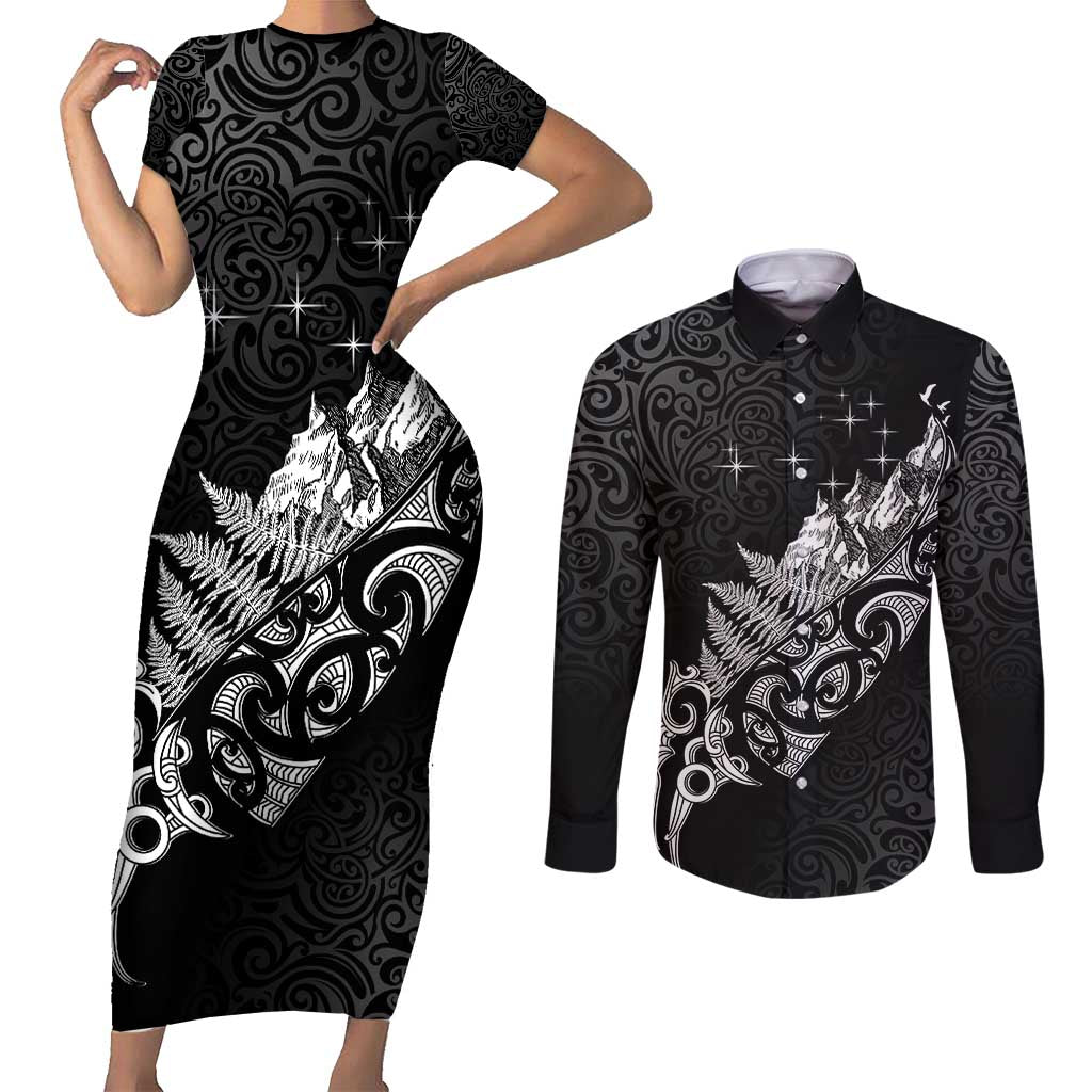 Maori Matariki Couples Matching Short Sleeve Bodycon Dress and Long Sleeve Button Shirt Landscape Styled Fern - Monochrome