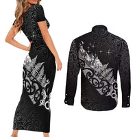 Maori Matariki Couples Matching Short Sleeve Bodycon Dress and Long Sleeve Button Shirt Landscape Styled Fern - Monochrome
