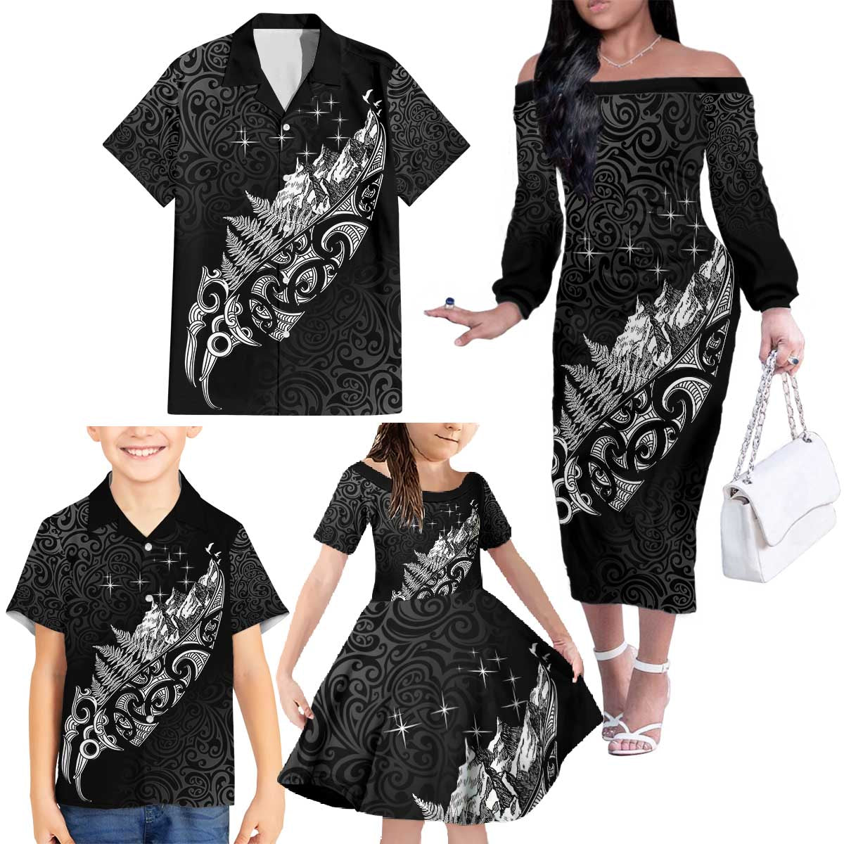 Maori Matariki Family Matching Off The Shoulder Long Sleeve Dress and Hawaiian Shirt Landscape Styled Fern - Monochrome