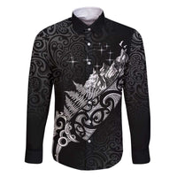 Maori Matariki Family Matching Off The Shoulder Long Sleeve Dress and Hawaiian Shirt Landscape Styled Fern - Monochrome