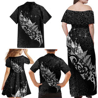 Maori Matariki Family Matching Off Shoulder Maxi Dress and Hawaiian Shirt Landscape Styled Fern - Monochrome