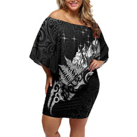 Maori Matariki Family Matching Off Shoulder Short Dress and Hawaiian Shirt Landscape Styled Fern - Monochrome