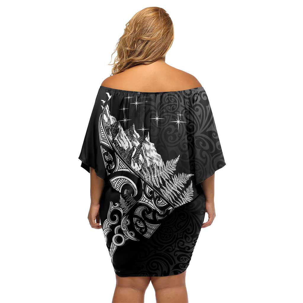 Maori Matariki Family Matching Off Shoulder Short Dress and Hawaiian Shirt Landscape Styled Fern - Monochrome