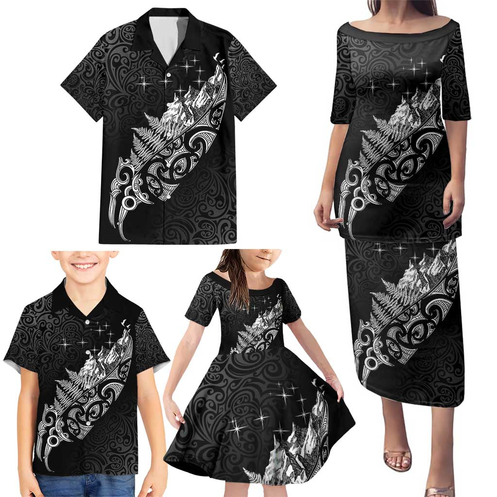 Maori Matariki Family Matching Puletasi and Hawaiian Shirt Landscape Styled Fern - Monochrome