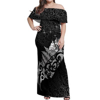 Maori Matariki Off Shoulder Maxi Dress Landscape Styled Fern - Monochrome