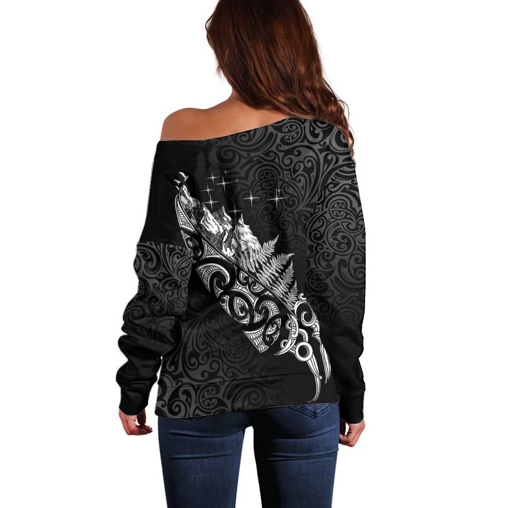 Maori Matariki Off Shoulder Sweater Landscape Styled Fern - Monochrome