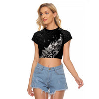 Maori Matariki Raglan Cropped T Shirt Landscape Styled Fern - Monochrome