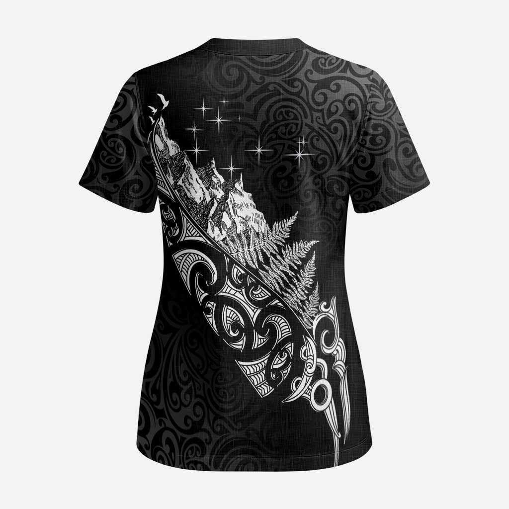 Maori Matariki Scrub Top Landscape Styled Fern - Monochrome - Polynesian Pride