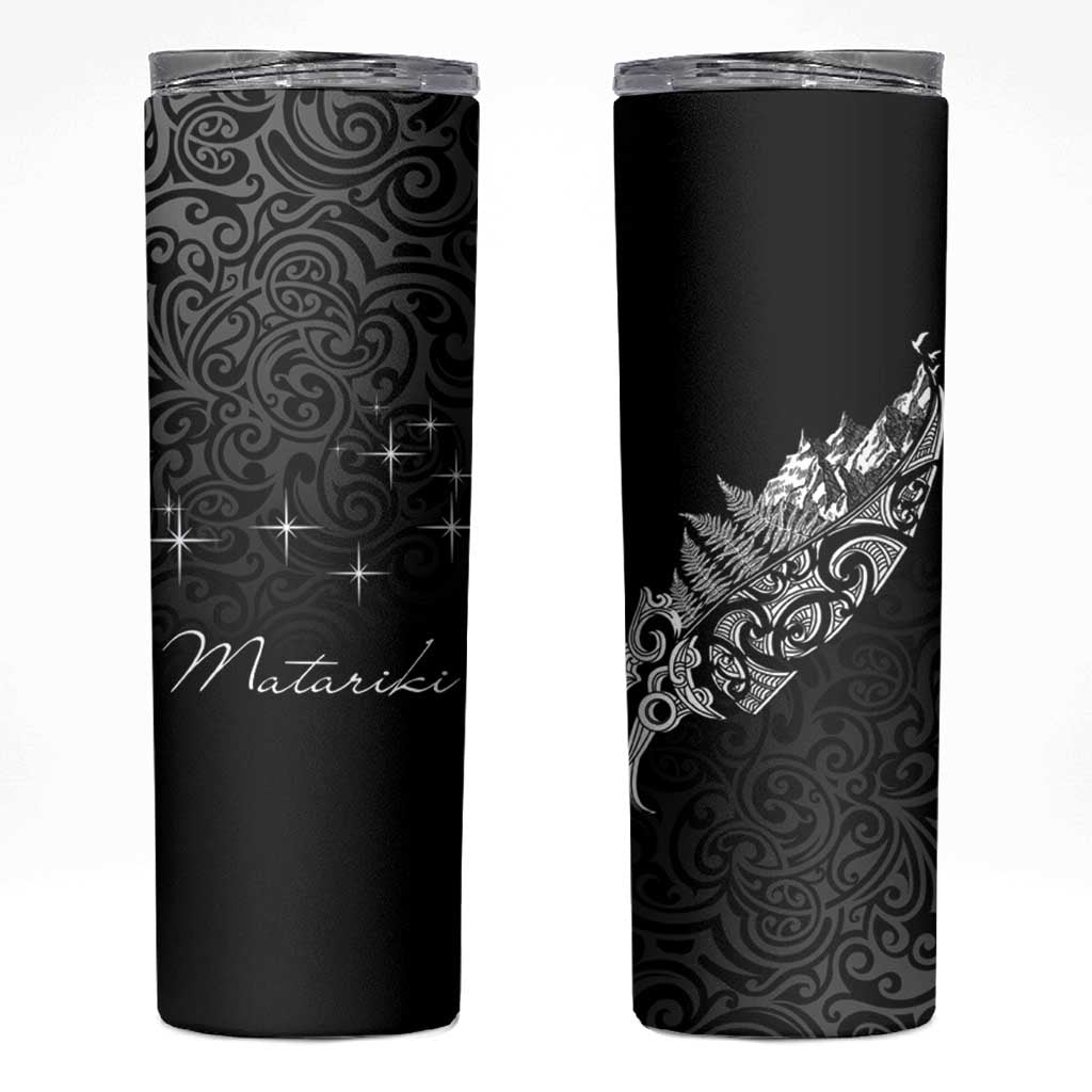 Maori Matariki Skinny Tumbler Landscape Styled Fern - Monochrome LT7 Black - Polynesian Pride