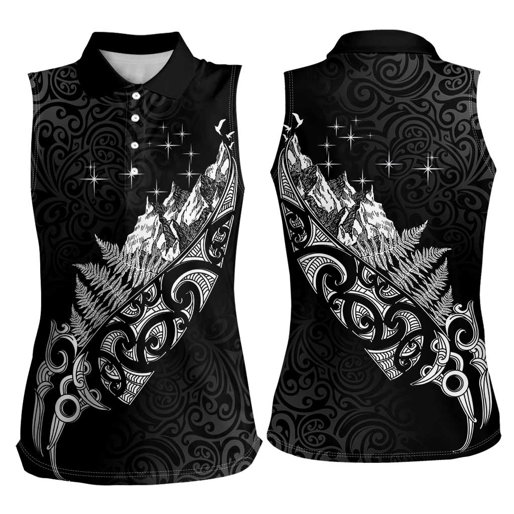 Maori Matariki Women Sleeveless Polo Shirt Landscape Styled Fern - Monochrome