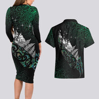 Maori Matariki Couples Matching Long Sleeve Bodycon Dress and Hawaiian Shirt Landscape Styled Fern - Paua Shell