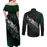 Maori Matariki Couples Matching Off Shoulder Maxi Dress and Long Sleeve Button Shirt Landscape Styled Fern - Paua Shell