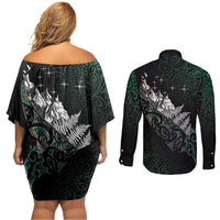 Maori Matariki Couples Matching Off Shoulder Short Dress and Long Sleeve Button Shirt Landscape Styled Fern - Paua Shell