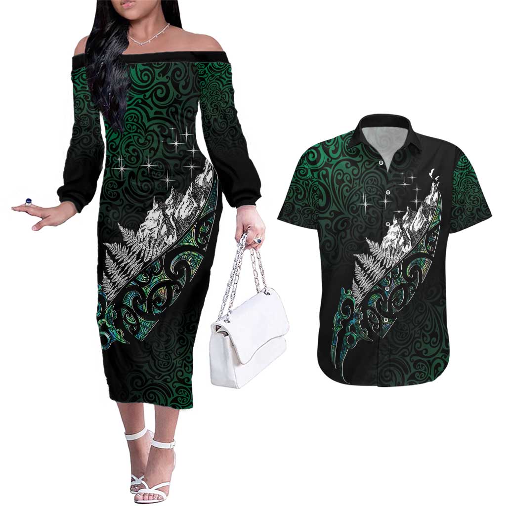 Maori Matariki Couples Matching Off The Shoulder Long Sleeve Dress and Hawaiian Shirt Landscape Styled Fern - Paua Shell