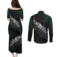 Maori Matariki Couples Matching Puletasi and Long Sleeve Button Shirt Landscape Styled Fern - Paua Shell