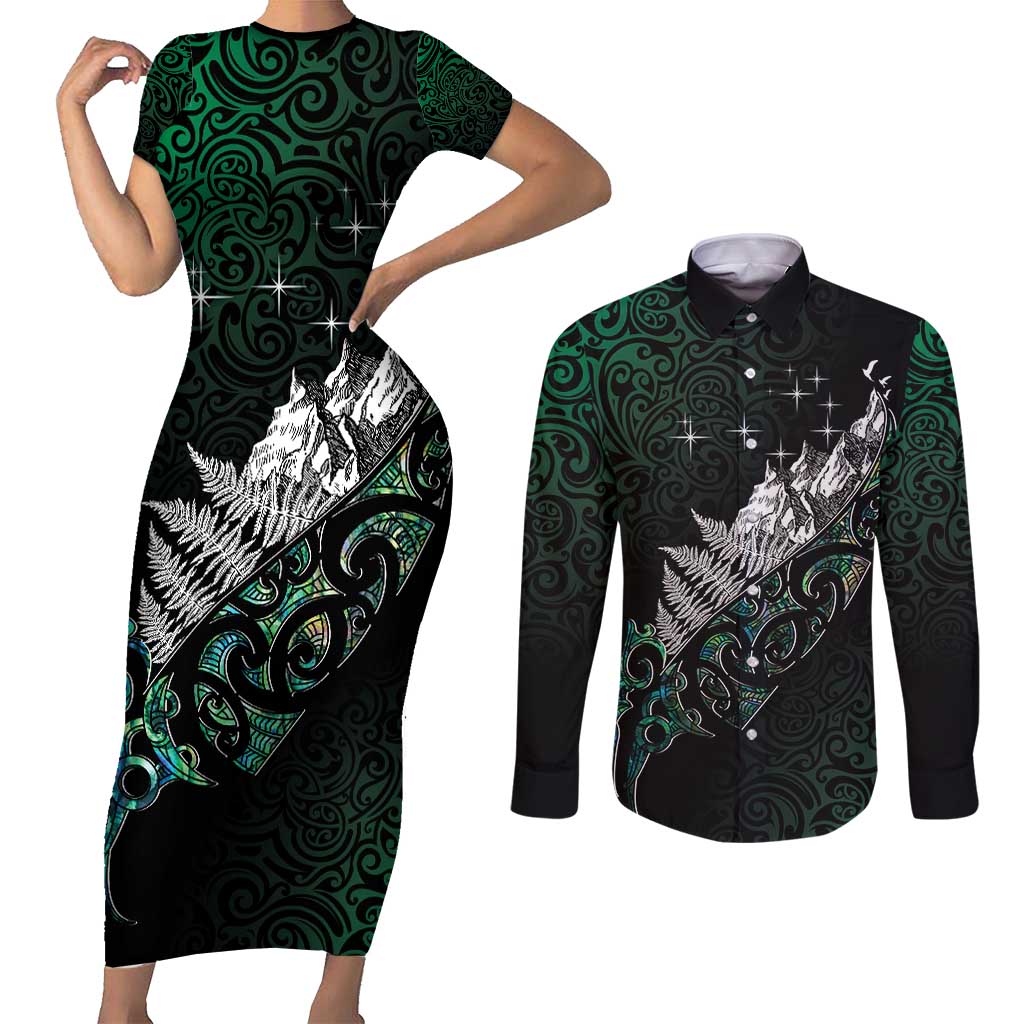 Maori Matariki Couples Matching Short Sleeve Bodycon Dress and Long Sleeve Button Shirt Landscape Styled Fern - Paua Shell