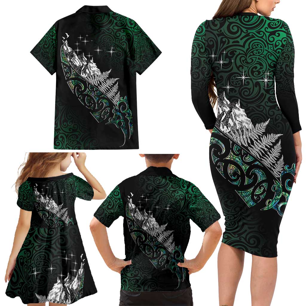 Maori Matariki Family Matching Long Sleeve Bodycon Dress and Hawaiian Shirt Landscape Styled Fern - Paua Shell