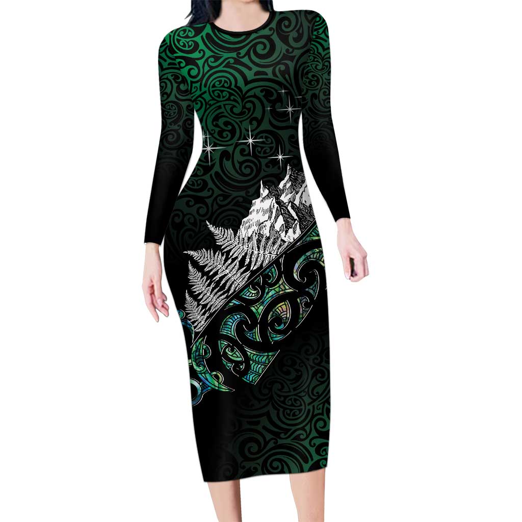 Maori Matariki Family Matching Long Sleeve Bodycon Dress and Hawaiian Shirt Landscape Styled Fern - Paua Shell