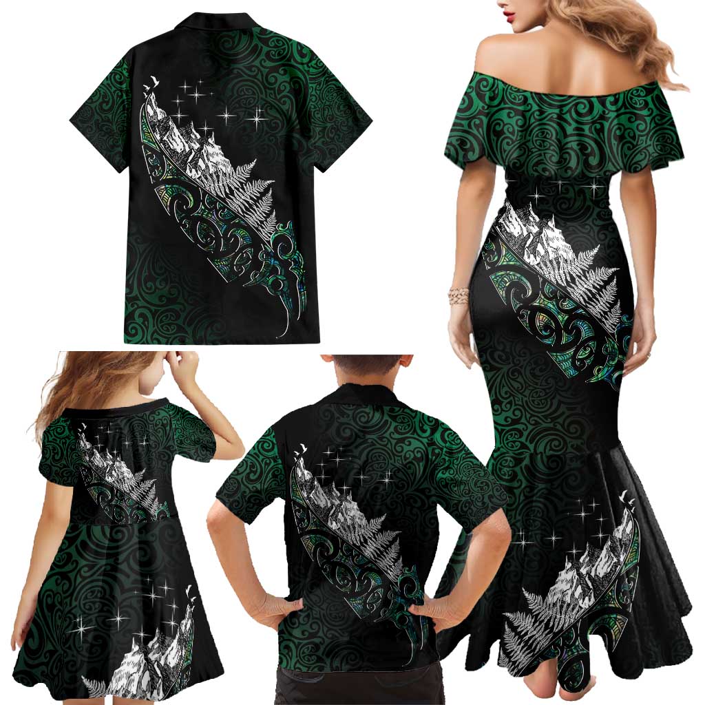 Maori Matariki Family Matching Mermaid Dress and Hawaiian Shirt Landscape Styled Fern - Paua Shell