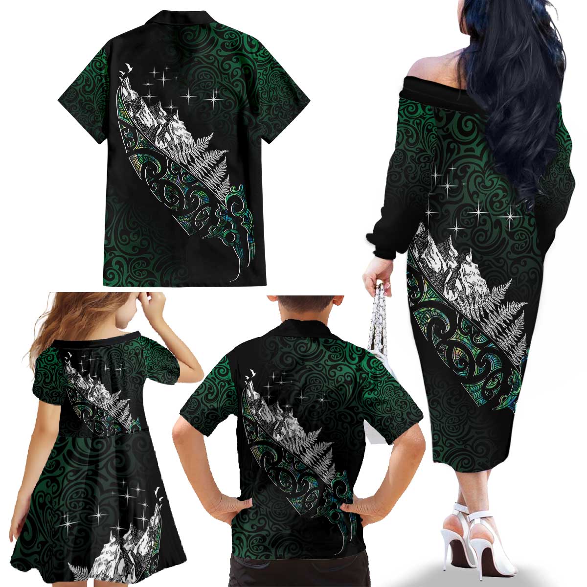 Maori Matariki Family Matching Off The Shoulder Long Sleeve Dress and Hawaiian Shirt Landscape Styled Fern - Paua Shell