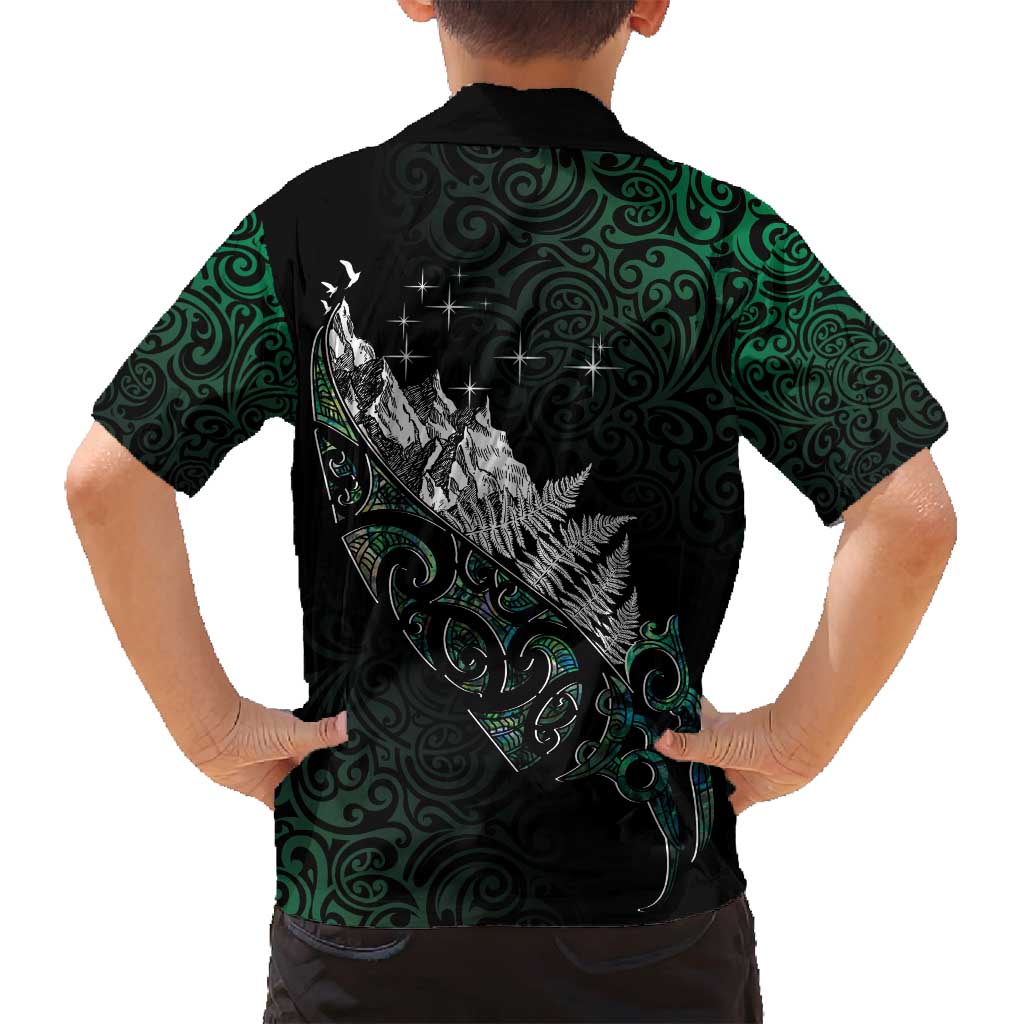 Maori Matariki Family Matching Off Shoulder Short Dress and Hawaiian Shirt Landscape Styled Fern - Paua Shell