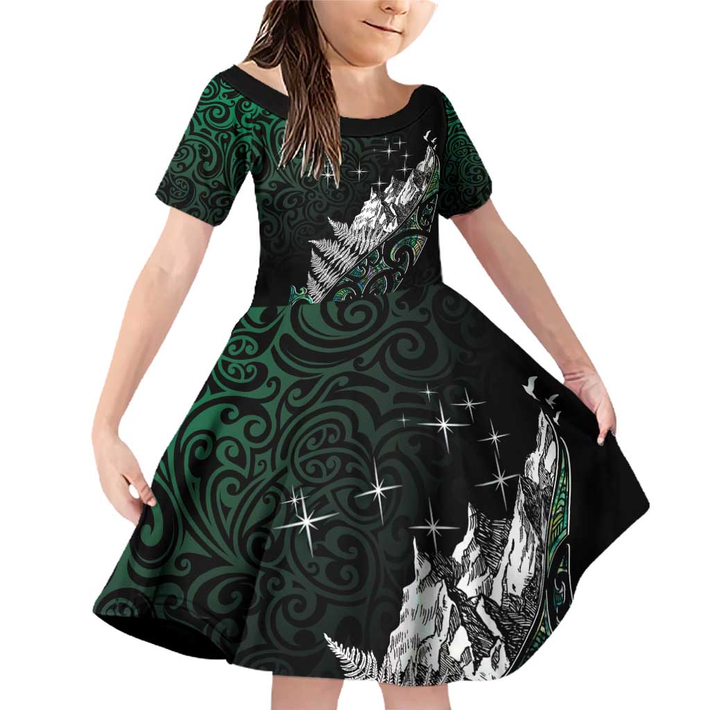 Maori Matariki Family Matching Off Shoulder Short Dress and Hawaiian Shirt Landscape Styled Fern - Paua Shell