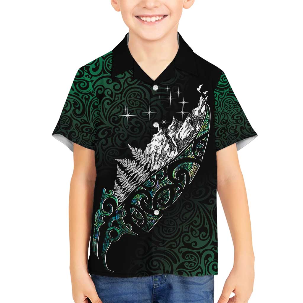 Maori Matariki Family Matching Off Shoulder Short Dress and Hawaiian Shirt Landscape Styled Fern - Paua Shell